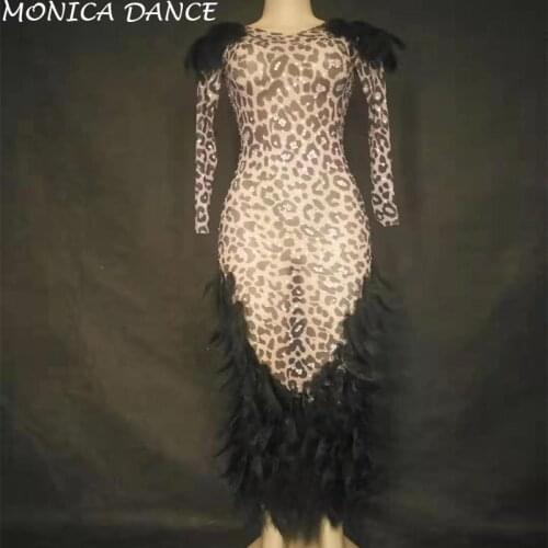 Sexy Sparkly Rhinestones Feather Mesh Perspective Dress Evening Party Black Dress Birthday Celebrate Costume Performance Dress