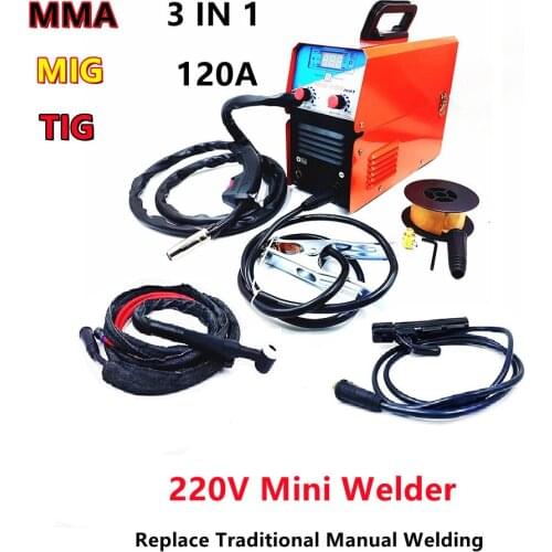 TIG MMA MIG Welder Machine Welder Semi-Automatic 220V Inverter Tig IGBT Gasless Mig Welder 3 in 1 Synergic Welding Machine 120A