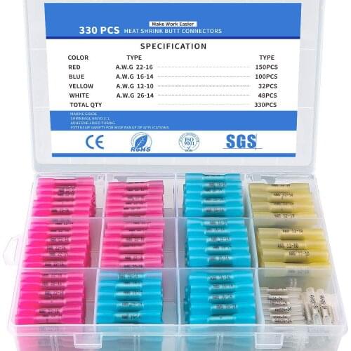 330/200/100PCS Heat Shrink Butt Connectors-Waterproof Electrical Wire Connectors-Insulated Crimp Connectors Butt Splice
