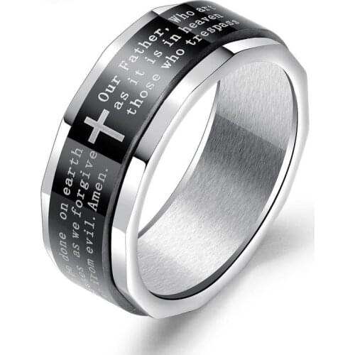 Titanium Steel Classic Bible Scripture Cross Ring Rotatable Decompression Ring Retro Mens Ring Religious Party Jewelry