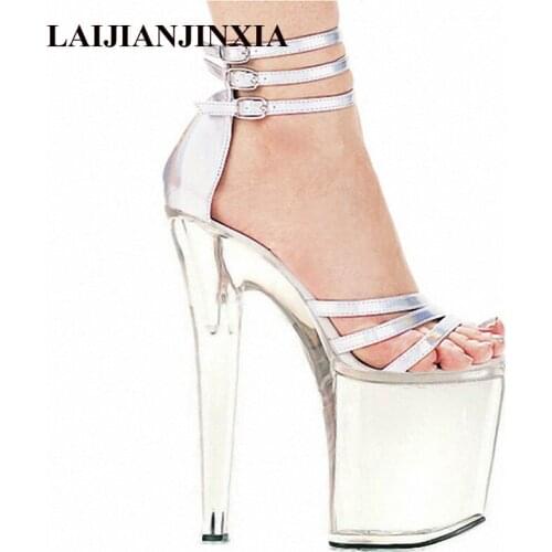 LAIJIANJINXIA 8 inch high heel shoes platform party crystal shoes silver white bridal shoes 20cm high heel sandals sexy shoes
