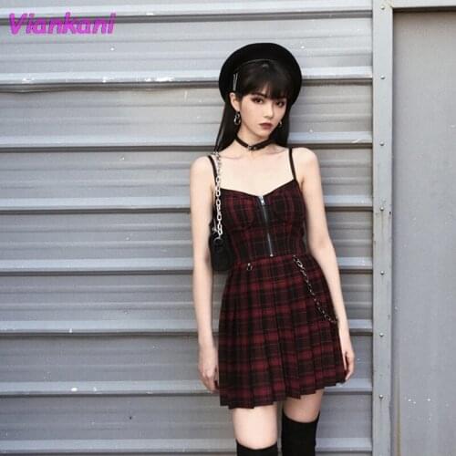 Spring Autumn Preppy style Gothic Girls Sexy Sling Dress Grey Balck Pleated Plaid Women Sleeveless Mini Short Dresses 2021