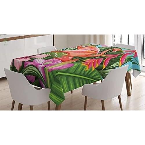 Flamingo With Tropical Garden Hibiscus Flower Plant Vintage Rectangular Table Cover For Dining Room Kitchen Decor