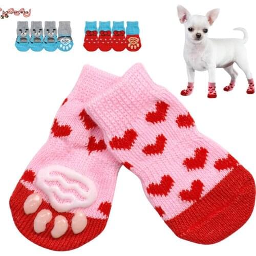4pcs/lot Anti-slip Puppy Cat Knit Socks Dog Shoes Lovely Warm Dog Socks Cute Cartoon Print Cats Dogs Boots Winter Socks For Dogs
