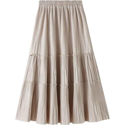 Female Vintage Long Velvet A line Skirt Women For Autumn Winter Korean Fashion Lady Elegant High Waist Midi Beige Pleated Skirts