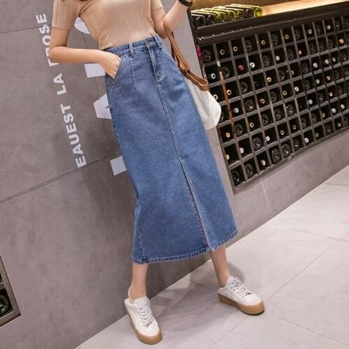 New Spring Summer Women Skirts Plus Size Casual Hem Split Pockets Slim Solid Jeans Skirts For Females Larger Denim Mid-Skirts