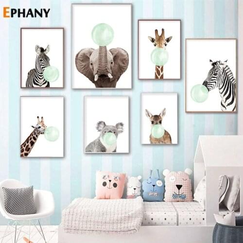 Green Bubble Elephant Giraffe Canvas Poster Cute Animal Wall Art Nursery Painting Print Nordic Kid Baby Room Decoration Pictures