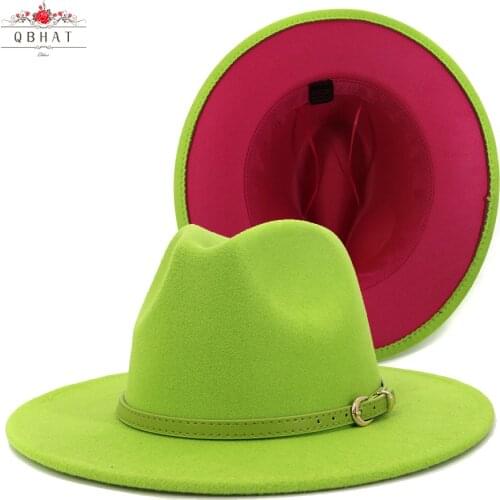 QBHAT Outer Lime Green Inner Rosy Patchwork Womens Wide Brim Felt Hats Lady Panama Vintage Unisex Fedora Hat Jazz Cap L XL