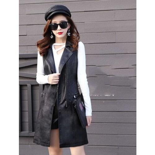 Spring Autumn Women Fashion Long Vest Washed leather PU Leather Black Sleeveless Coat Female Club Outwear Street Warm Vests 2020