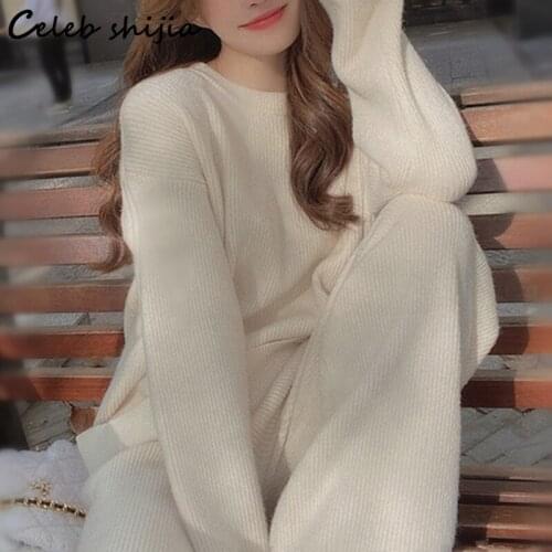 2021 Fall Khaki Woolen Two Piece Sets Woman O-neck Sweater and High Waist Pants Female Winter Oversized Korean Knit 2 Sets