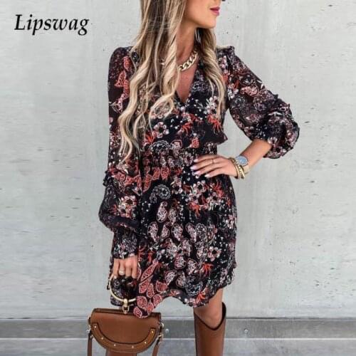 Women Casual V Neck 2021 Autumn Loose Ruffle Dress Lady Elegant Elastic Waist Party Dress Floral Print Long Sleeve Mini Dresses