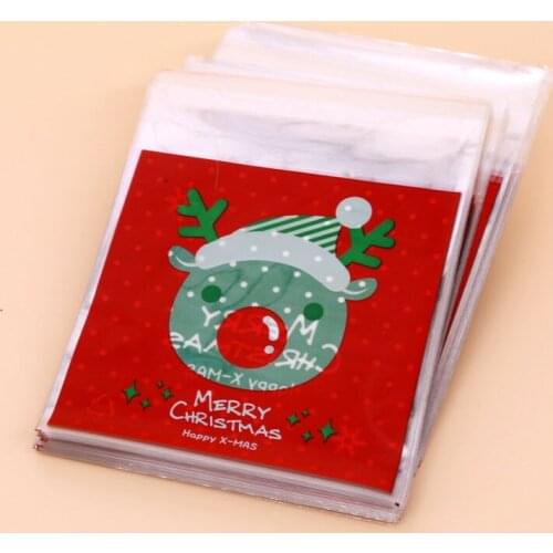 10*10+3cm 100pcs red Christmas Elk Gifts Wedding Cookie Packaging Self-adhesive Plastic Bags For Biscuits Candy jewelry Package