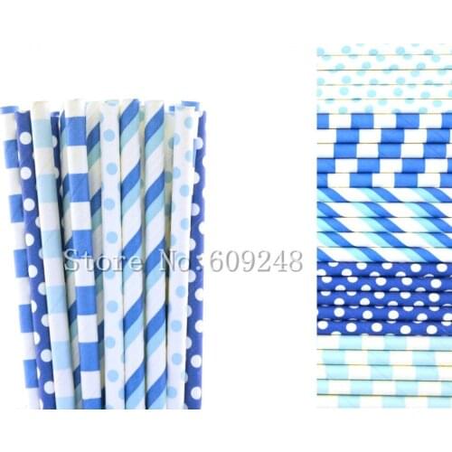 100pcs Sleepover Drinking Party Paper Straws Mix,Light Blue and Royal Blue Swiss Dot,Sailor Striped,Boy Baby Shower,Birthday,Fun