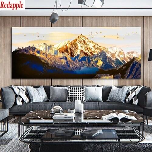 5d photo Round Diamond Painting Abstract art, golden mountains, flying birds Full Drill Square Mosaic Home Decor Handmade