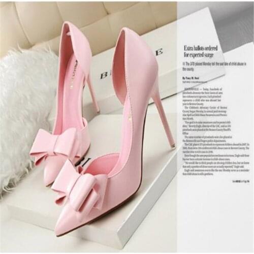 7 Colors Korean Sweet Bowtie Pointed Toe Women Pumps New Fashion Patent Leather Sexy Side Cut-Outs Shallow High Heels Shoes
