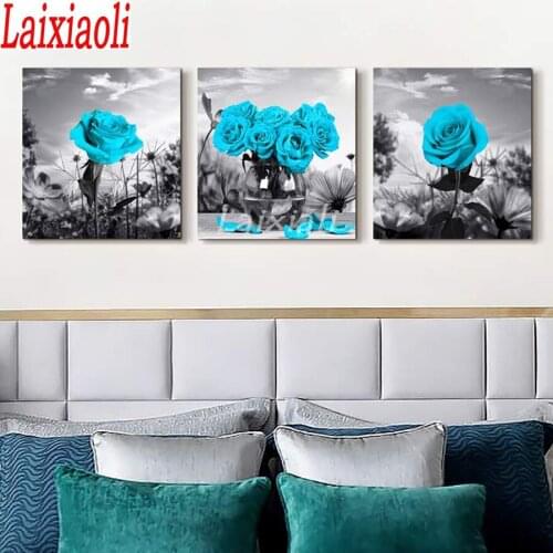 Diamond Embroidery black white blue rose 3 pcs 5D Cross Stitch Diamond Painting Rhinestone Full Square round stones Mosaic decor