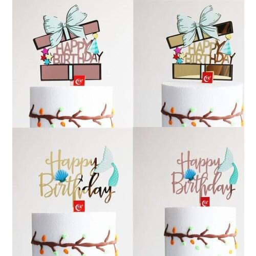 Bowtie Happy Birthday Cake Toppers Painted Acrylic Cake Flags Star Gift Ocean Fish Birthday Party Cake Baking Decor Xmas