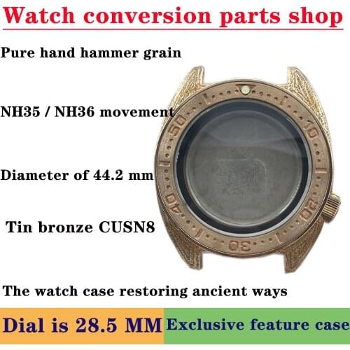 Watch Parts Tin CUSN8 Bronze Material Turtle Watch Case Handmade Hammer Grain Sapphire Glass Fit NH35/36 Automatic Movement