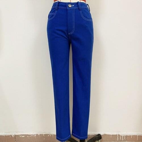 2021 New Temperament Bright Blue Womens Slim Jeans Pants O125