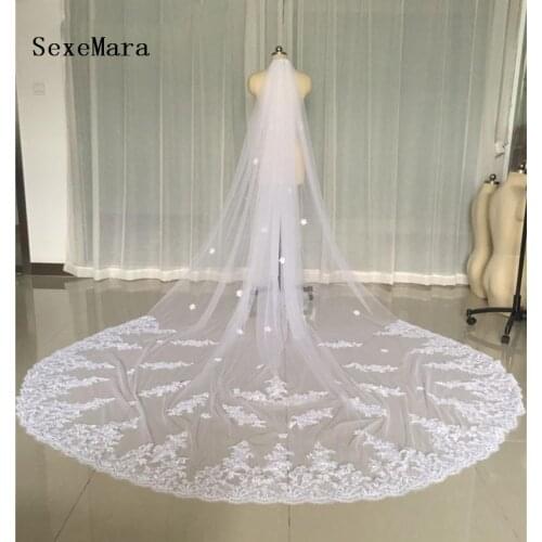 Real Pictures White Wedding Veils 3 Meters Long Cathedral Length Lace Appliqued Netting Bridal Veil With Comb High Quality