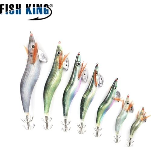 FISH KING Squid Lure Wood Shrimp Squid Hook Jigs Jigging Artificial Baits 3D Eyes Fishing Lure Fishing Tackle