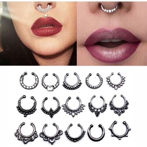 5 PCS/lot Crystal Fake Nose Ring Black Color Round fake Septum Piercing Clicker Faux Clip Non Body Hoop for Women Jewelry