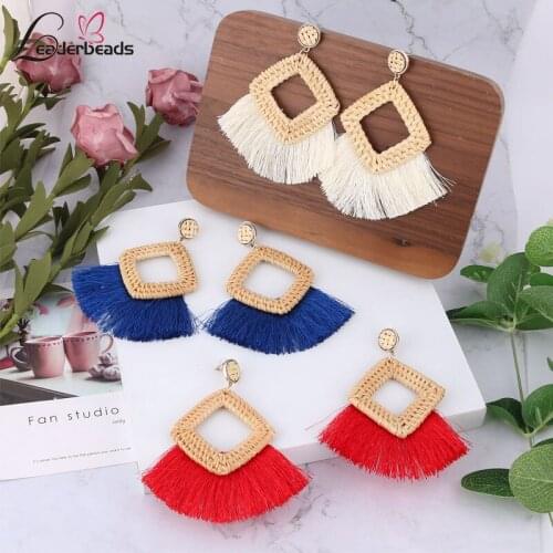 LEADERBEADS 2019 Handmade Rattan knit Geometric Tassel Drop Earrings Bohemian Summer Party Jewelry Long Dangle Tassel Earrings