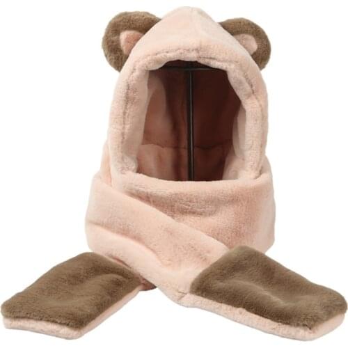 Bear Hat -One -Piece Ear Protection Hooded Gloves Wind Protection with Ears Plush Made Caps with Gloves Warm Keeping