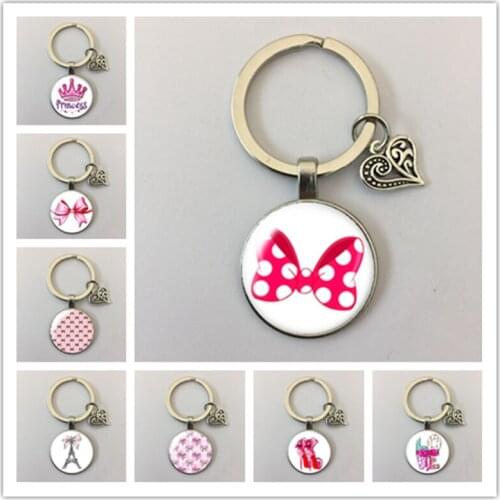 Pink Style Ribbon Princess Girls Gift glass cabochon keychain Bag Car key chain Ring Holder Charms keychains gift