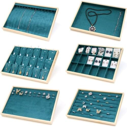 Fashion Green Vevlet Wooden Frame Jewelry Organizer Jewellery Packaging Gift Box Ring Earring Holder Necklace Stand Wholesale