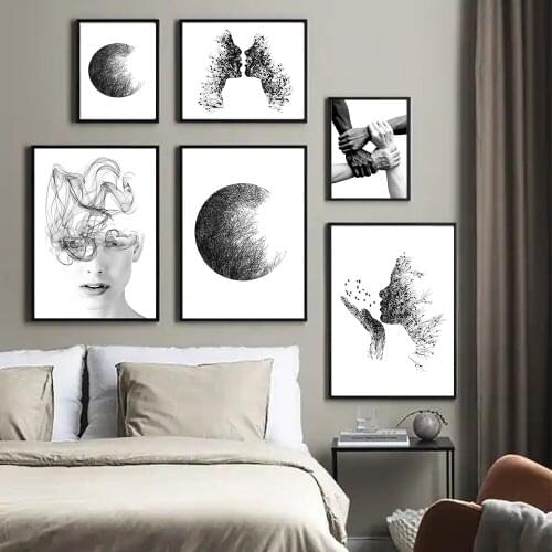 Nordic Wall Art Painting Ink portrait Canvas Poster Girl bird Silhouette Feather Print Picture Minimalist Living Room Home Decor