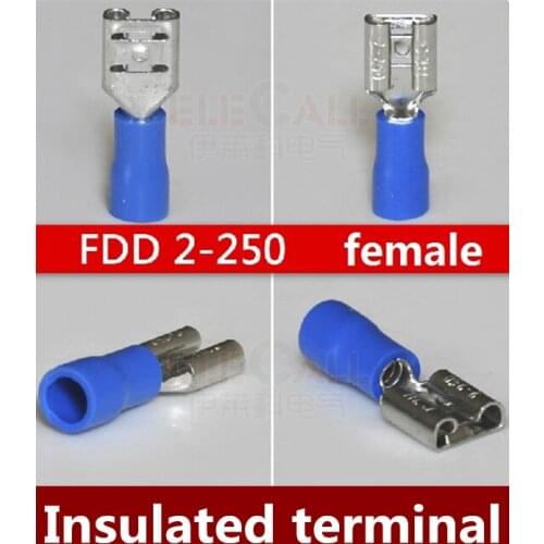 NEW 500PCS/LOT FDD 2-250 6.3mm Blue FEMALE INSULATED ELECTRICAL SPADE CONNECTOR TERMINALS,WIRING,CRIMP 16-14 AWG