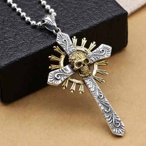 NEW! Vintage 925 Silver Skull Cross Pendant Necklace 925 Sterling Skeleton Punk Pendant Necklace Pure Silver Man Necklace