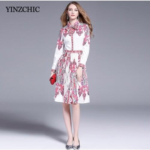 New Elegant Woman Pleated Mid Dress Turn-down Collar OL Slim Party Dress Ethnic Printed Female Street Knee-length Dresses