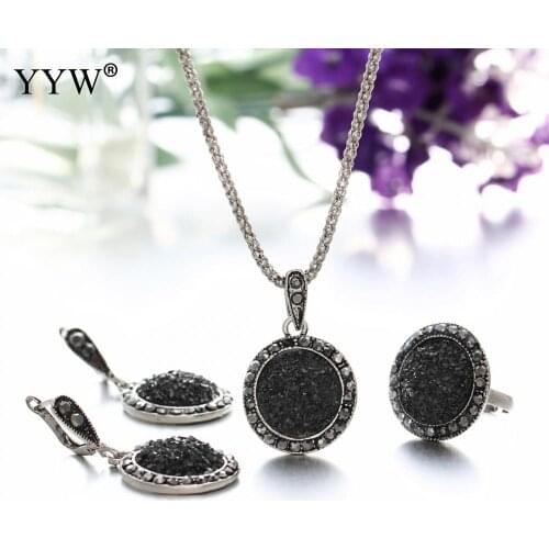 Wholesale Vintage Black Gem Jewelry Set Fashion Women Jewelry Set Antique Crystal Round Stone Pendant Necklace Sets 3Pc