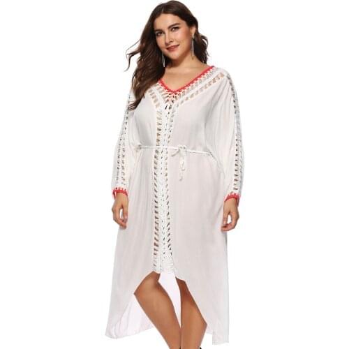 Pareo Swimsuit Long Cover Up Plus Size Sexy Women Lace Kaftan Bikini Swimwear Loose Beachwear White Solid Long Cover-Up 2XL