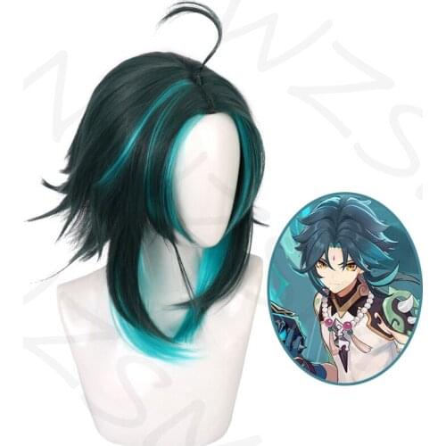 Game Genshin Impact Xiao Dark Green Short Wig Cosplay Costume Heat Resistant Synthetic Hair Men Women Wigs