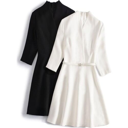 High Quality New 2020 Fall Winter Office Dress Lady V-Neck Solid Dress With Belt Female Slim Fit A-Line Simple Dress Vestidos