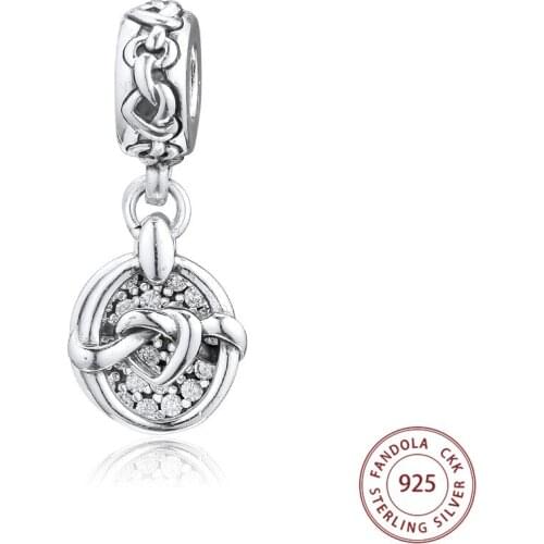 Fits Pandora Bracelet Argent 925 Sterling Silver Clear CZ Knotted Heart Dangle Charms Beads for Jewelry Making Berloques Kralen
