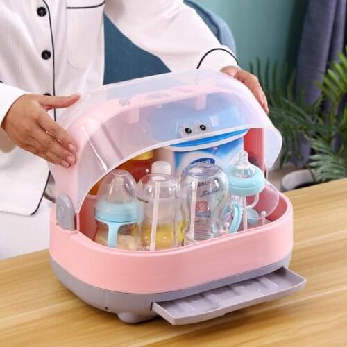 Portable Baby Kids Bottle Drying Rack Box with Anti-dust Cover Large Cup Bottle Storage Box Travel Feeding Organizer