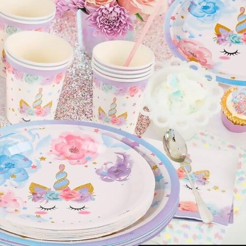 Staraise Creative Happy Birthday Tableware Blue Purple Paper Plate Cup Napkin Cute Unicorn Party Tableware Party Supplies Props