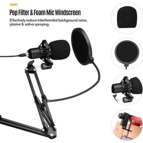 USB Condenser Microphone Set with Desk Mounting Clamp Scissor Arm Stand Pop Filter Muff Shock Mount USB Cable for Voice Chat
