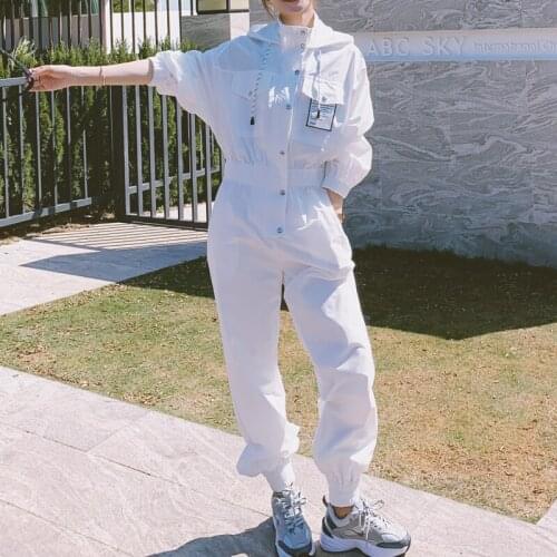 Spring Summer Long Sleeve Cool Girl Jumpsuit Casual Women Playsuits 2021 Hooded Button Zipper Loose Overalls Romper Bodysuit