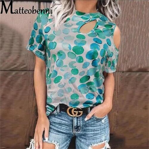 20212 Summer Women Off-Shoulder Hollow Out Polka-Dot Printed Sexy Short-Sleeve T-Shirt Ladies Fashion Casual Straight Tees Tops