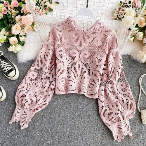 New 2021 Vintage Hollow Out Pullover Lace Shirts Female Turtleneck Lantern Long Sleeve Embroidery Blouse Women Fashion Clothes