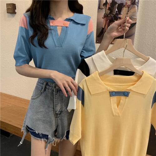 Woman TShirts Top Summer 2021 Knitwear Womens T-shirt Lapel Short Sleeve Crop Top Mujer Camisetas
