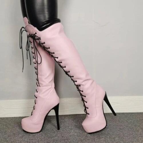 Women Leather Knee High Platform Boots Lace Up Stiletto High Heel Boots Ladies Shoes Female Botines Larger Big Size 34 44 47 52