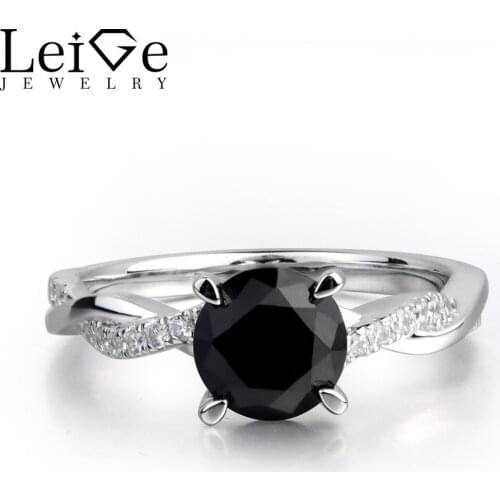 Leige Jewelry Real Black Spinel Gemstone Round Cut Engagement Romantic Encircle Rings 925 Sterling Silver