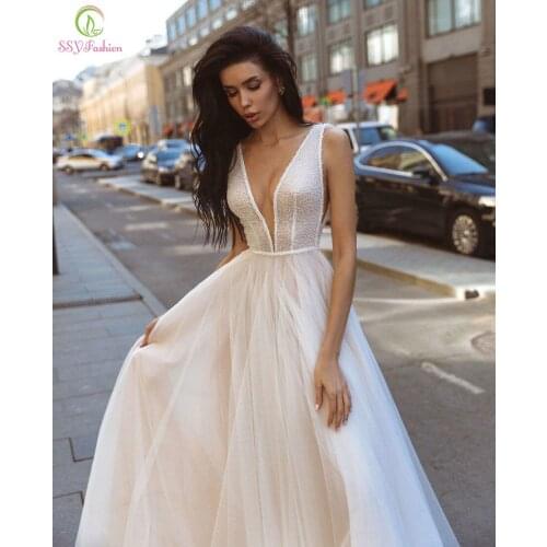 SSYFashion New Romantic Beach Party Formal Gowns for Women Sexy V-neck Backless A-line Long Evening Dresses Vestido De Novia