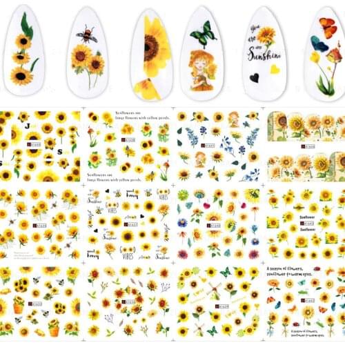 12pcs Sunflower Daisy Nail Stickers Blossom Florals Nail Art Water Decals Transfer Foils Sliders Decorations for Manicure